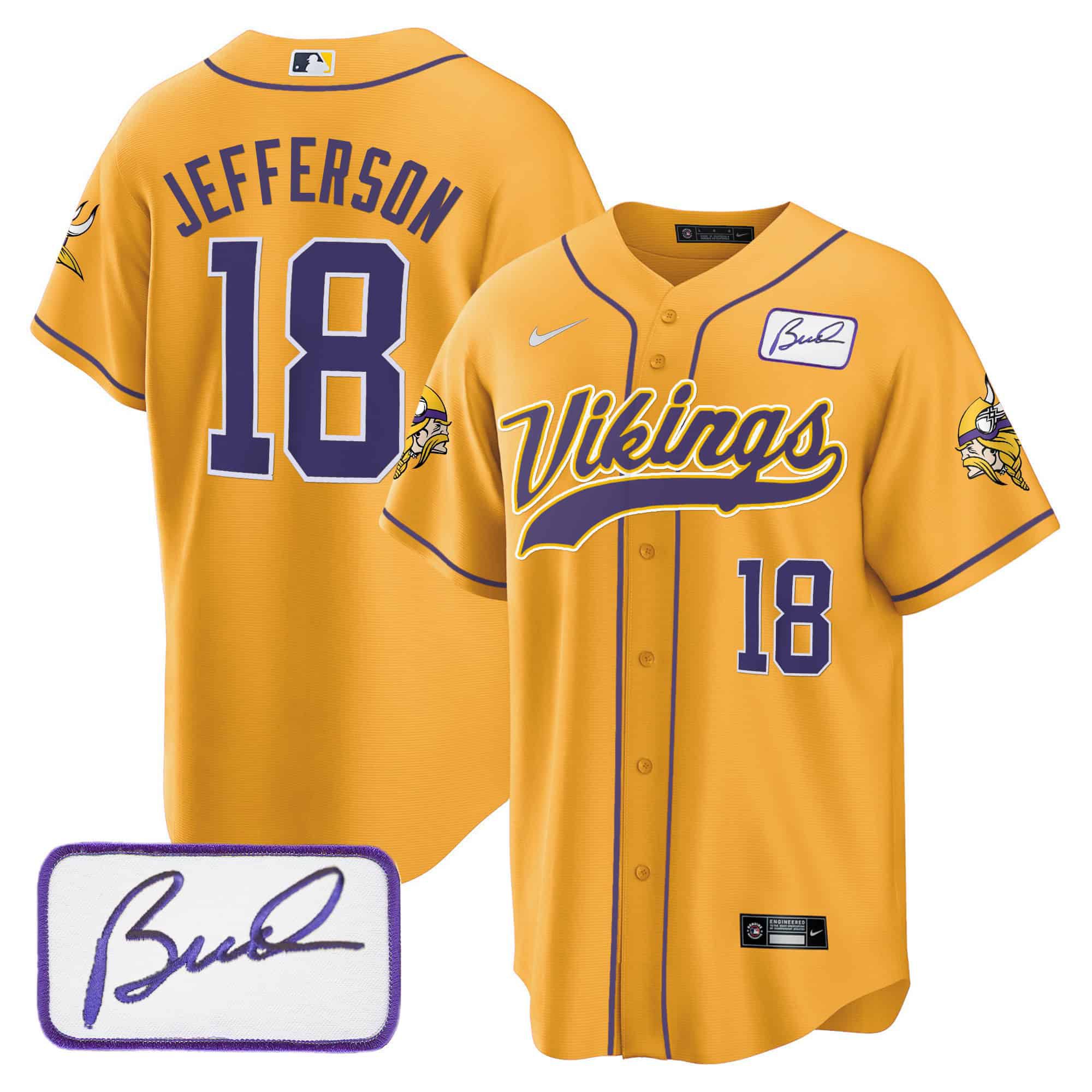 Men Minnesota Vikings #18 Jefferson Yellow 2024 Nike Bud Grant Patch Classic Baseball NFL Jersey->indianapolis colts->NFL Jersey